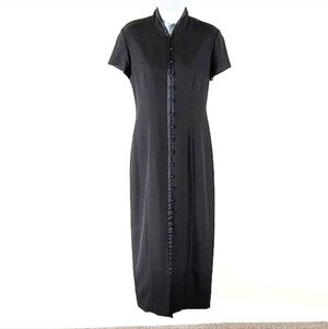 Vintage Mandarin Collar Satin Trim Button Down Short Sleeve Dress